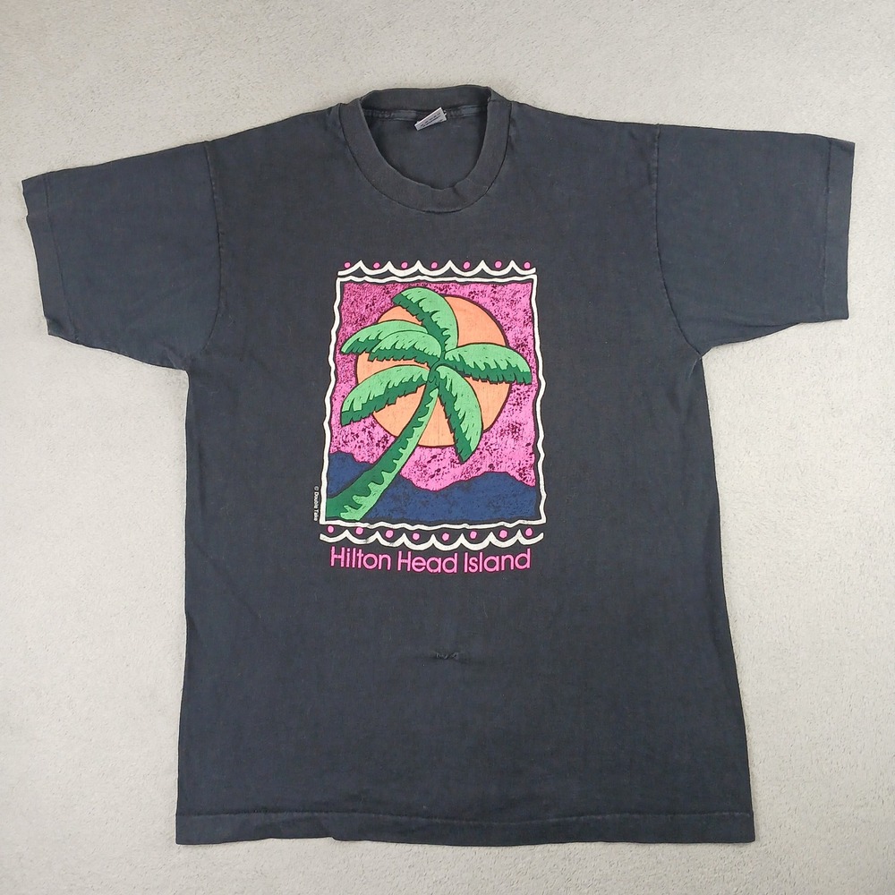 Vintage Hilton Head Island Fruit of the Loom T-Shirt Mens L Black Palm Tree 90s